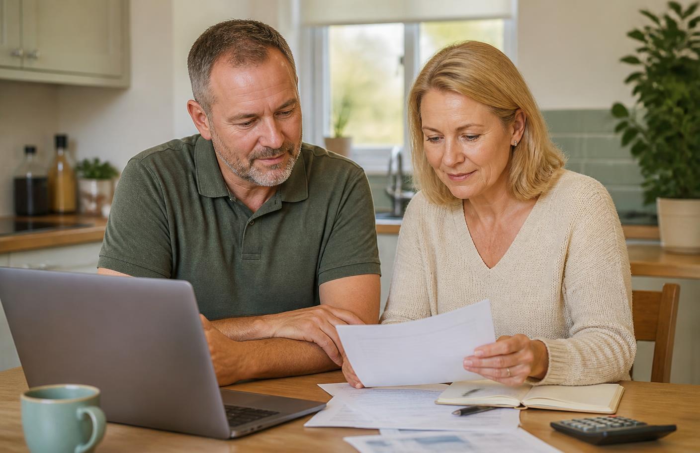 A middle-aged couple reviewing their mortgage paperwork at their kitchen table